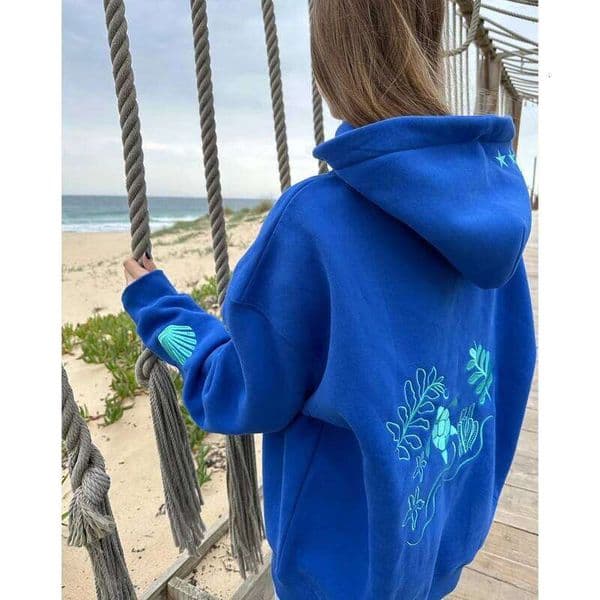 Combhasaki Women Beach Pullovers Y2k Sun Tree Coral Flower Embroidered Long Sleeve Loose Hooded Sweatshirts With Kangaroo Pocket