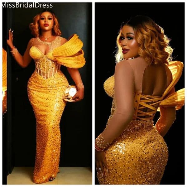 Elegant Aso Ebi Gold Prom Dresses for Special Occasions Sheer Neck Illusion Long Sleeves Beaded Sequined Lace Pearls robe de soiree mariee luxe 0122