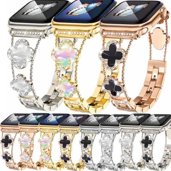 Small Fragrant Four-leaf Fritillary with Diamond Strap Band Link Bracelet Straps Metal Bands Watchband for Apple Watch Series 3 4 5 6 7 8 9 10 iWatch 40mm 44mm Lady's gift