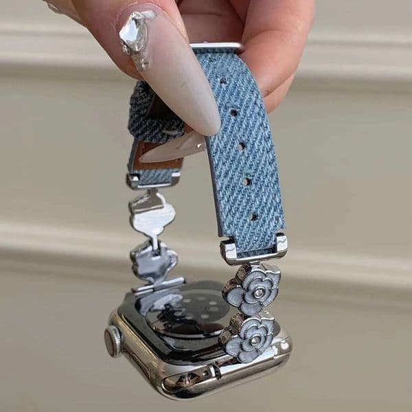 Denim Flower Metal Watch Band for iWatch Series 1-10 Ultra 38mm 40mm 41mm 42mm 44mm 45mm 46mm 49mm K260226