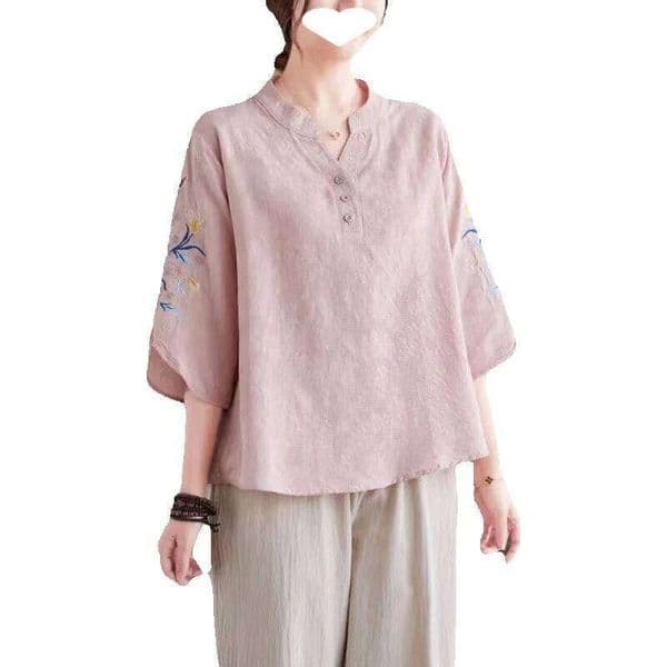 Tops Women's Cotton Embroidered Blouses Chinese Style Linen Mom New Shirts Summer Direct Sales