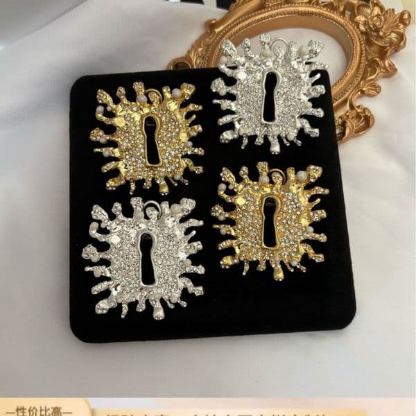Designer Good Quality Real 18K Gold Silver Full CZ Key Ear Stamp Schiaparelli Stud Earrings Jewelry EH2375
