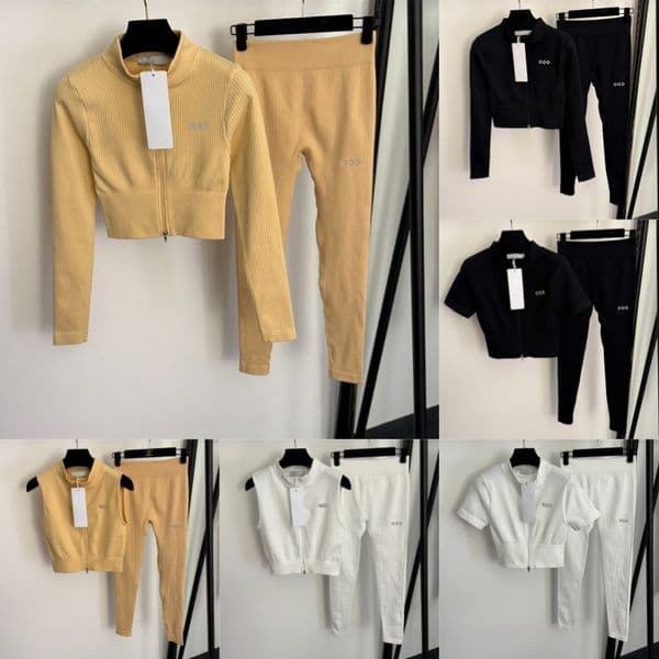 Designer Ribbed Tops Leggings Tracksuits For Women Slim Fit Zipper Outerwear High Waist Stretchy Tight Pants Yoga Suits Sportswear