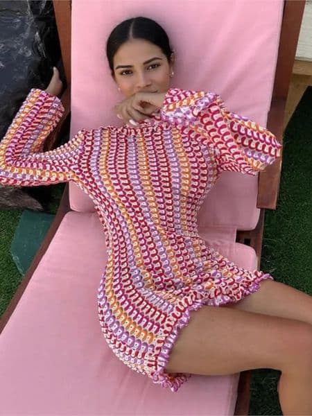 French Dress Casual Vestidos Sexy Vestido Feminino Mini Dresses Beachwear Color Colorful Knitted Backless Slim Long Sleeves 260126