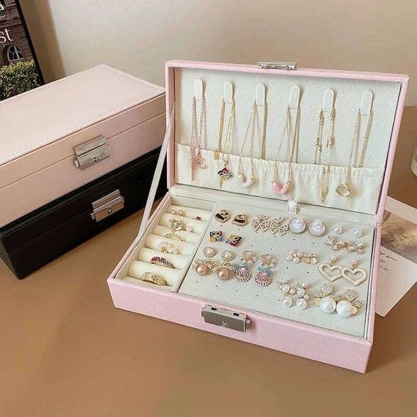 Large Square Jewelry Box Solid Color Leather Lock Earrings Necklace Storage Display Boxes Travel Portable 26W0131