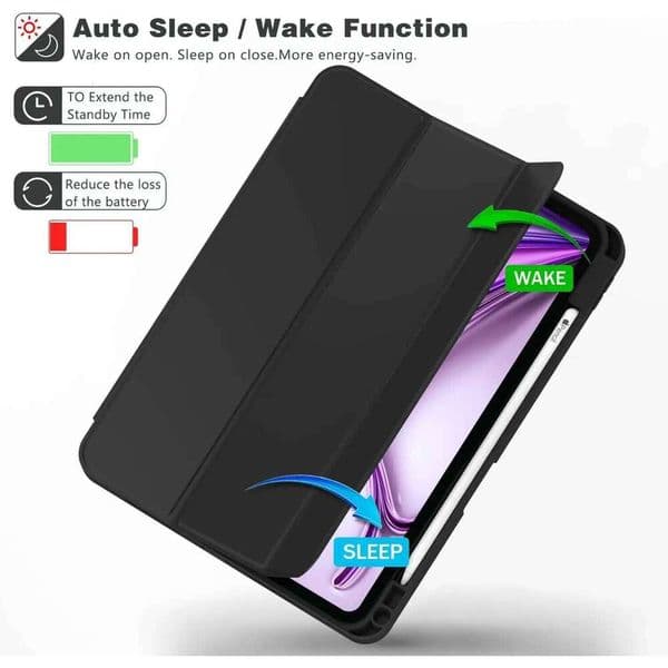 New iPad Air 13 Inch M3 2025/M2 2024 Pencil Holder,Trifold Stand Smart Case with Soft TPU Back,Auto Wake/Sleep Black H260131
