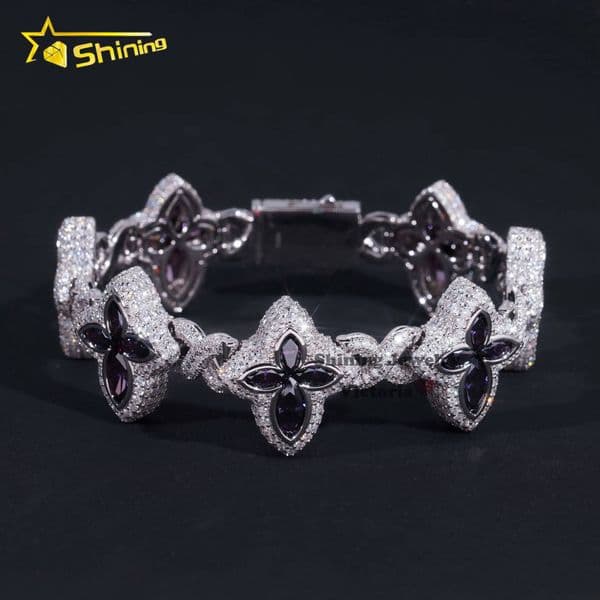 Fine Jewelry 925 Sterling Silver Colored Moissanite Drop Water Pear Shape Black Diamond Clover Hip Hop Infinity Cuban Bracelet