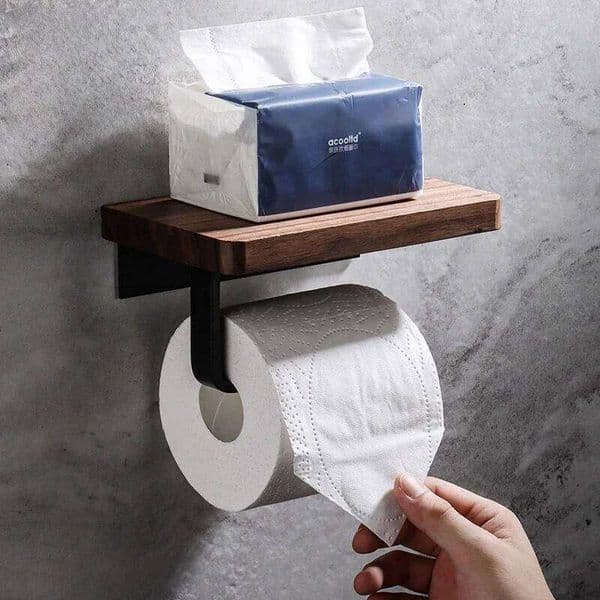 2025New Modern Walnut Bathroom Tissue Holder-No Drill Wall-Mounted Organizer with Phone Shelf Solid Wood Paper Roll Rack Toilet 26W0131