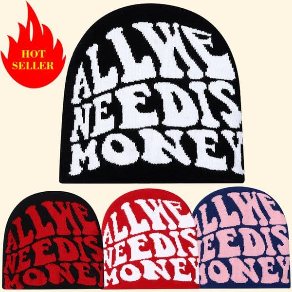 Y2K ALL WE NEED IS MONEY Beanie Knitted Hat Winter Fashion Skull Letter Pattern Cap Outdoor Cycling Warm Hat Hip Hop Street Trendy Hats For Men Women Unisex
