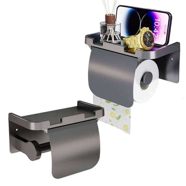 Aluminum Toilet Paper Holder with Phone Shelf Wall Mount Rustproof Tissue Storage Hanger for Bathroom Shower 26W0131