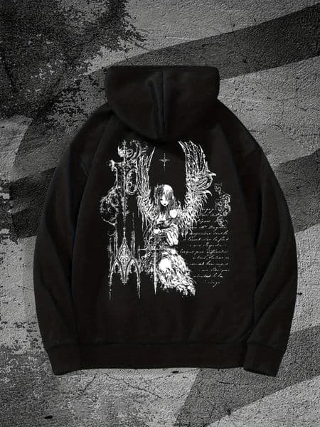 Mens Black Hoodie with Gothic Winged Woman Back Print Ornate Pillars and Handwritten Text Dark Urban Streetwear 260121BANJIA