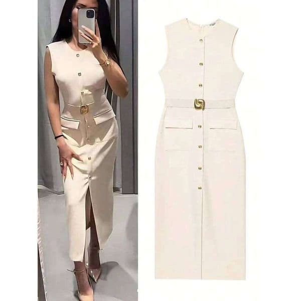 Womans Sleeveless Crew-neck Solid-color Waist-cinched Dress Tailored Button-down Long Skirt for Commuting Wear Formal Dinners XJ260131