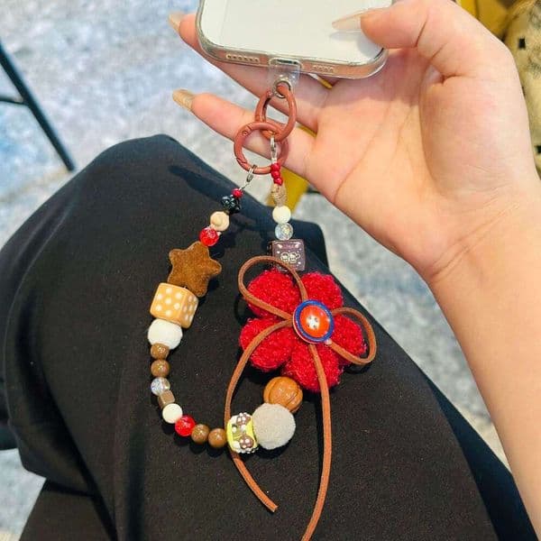 Ins-style burgundy plush flower phone DIY wrist hand strap CCD camera keychain accessory anti-loss