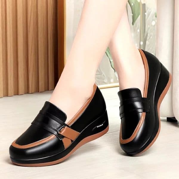 45cm Breathable Comfortable Mix Color Soft Leather Loafers Womens Platform Shoes 2025 Fall Med Heels Wedges Shoes Office Mom260228