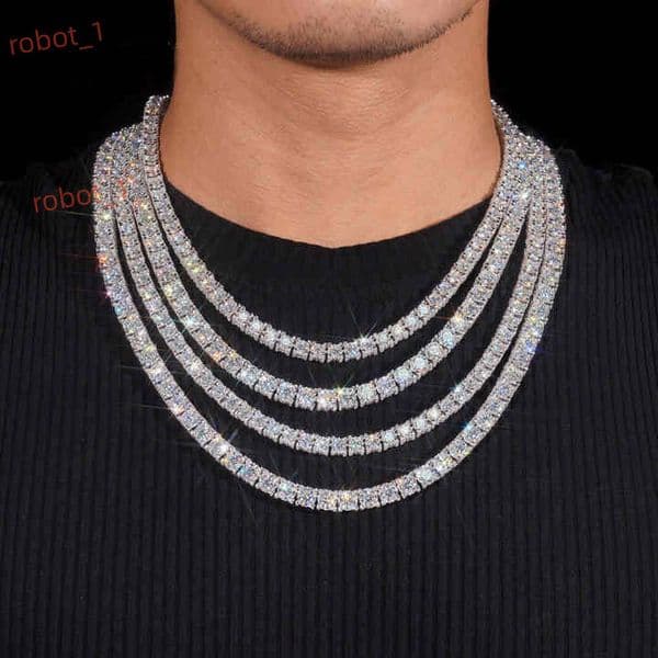 Hot Sale 3Mm 4Mm 5Mm Vvs Pass Diamond Tester Iced Out Chain Tennis Necklace White Gold 925 Sliver Custom Moissanite Tennis Chain