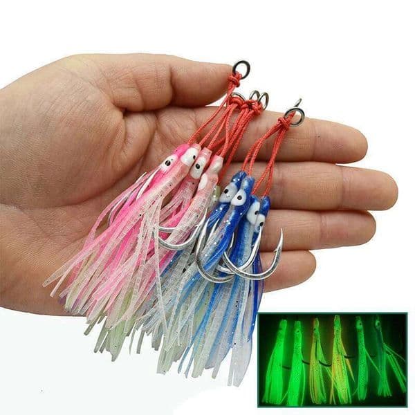 4pcs/lot Luminous Octopus Metal Jig Mate High Carbon Steel With Assist Silicone Ribbon Marine Fishing Double Jigging Hook Z260301