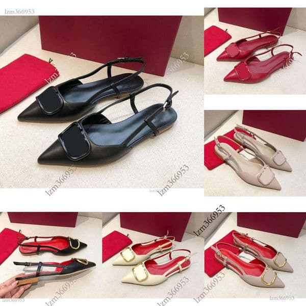 Designer brand slippers Sandals Flat Heels Pointed Metal V-buckle Genuine Leathers Black Gold Wedding Shoes with Red Dust Bag brand high-quality slippers top AAA