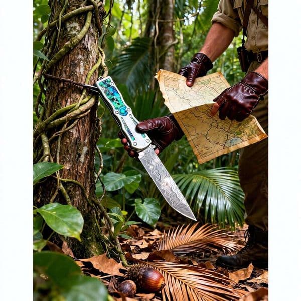 Jefrey Collins High End Tactical Knife VG10 Damascus Steel Single Edge Tanto Point Blade 6061-T6 with Abalone shell Handle With Nylon Sheath