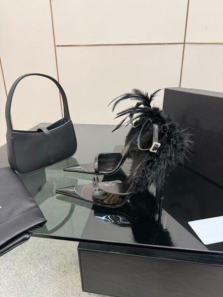 New ankle strap, ultra-high slim high-heeled feather sandals, fashionable open toed model catwalk women's shoes