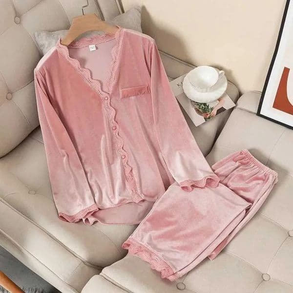 2026 New Lingerie Velvet Pajamas pijamas woman Women Autumn Winter Sleepwear Long Sleeve Casual Nightwear Pyjamas Suit Loose Home Clothes Lace Trim Sleep Free S