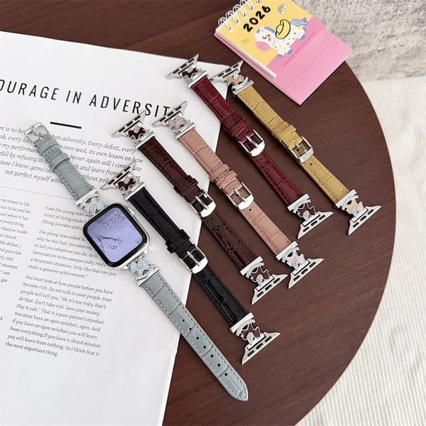 Luxury Genuine Leather Apple Watch Band 11/9/8/7/6/5/4/3/2/se/ultra with Metal Horse Charm Crocodile Texture Strap for iWatch Series SE 38/40/41/42/44/45 46mm