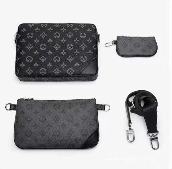 Men's Black Embossed Monogram Crossbody Bag, Luxury Style PU Leather Shoulder Sling Bag for Daily Travel Work