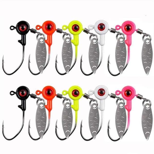 10Pcs Heads Underspin Spinner Blade 3D Eyes Painted Lure Crappie Jig hooks for Bass Walleye Trout Fishing Z260301