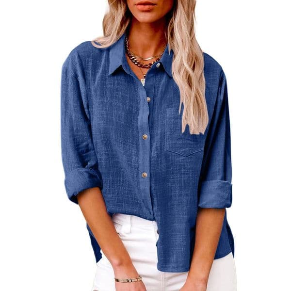 Womens Fashion Solid Color Cotton and Linen Shirt Autumn Long Sleeve Button Loose Casual Large Size 260302BJ
