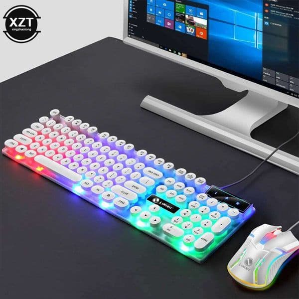GTX300 Punk Game 104 Retro Round Key Cap RGB Backlit USB Wired Mouse and Keyboard Gamer Kit for PC Laptop Desktop 26L0302