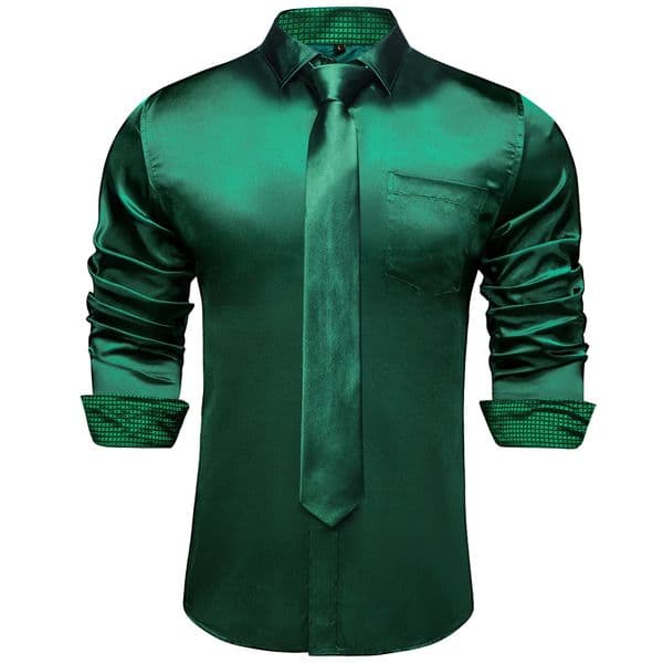 Satin Solid Men Shirts Long Sleeve Green Yellow Purple Blue Wedding Prom Slim Fit Dress Shirt with Necktie Handkerchief 260302