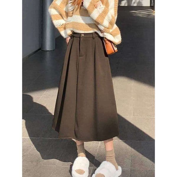 High Woolen Long 2024 Autumn Winter Plus Size Clothing Elastic Waist A Line Brown Or Black Skirt Women 26W0302