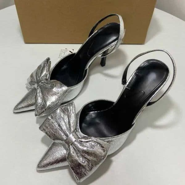 Women Dress Shoes Large Size Elegant Bow Pointed Toe Summer Footwear SiLVer Party High Heeled Sandals for Ladies K260302