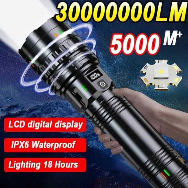 30000000LM High Power LED Flashlight Most Bright Tactical Torch Rechargeable Portable Light Long Shot 5000M Camping Hunting Lamp X260302