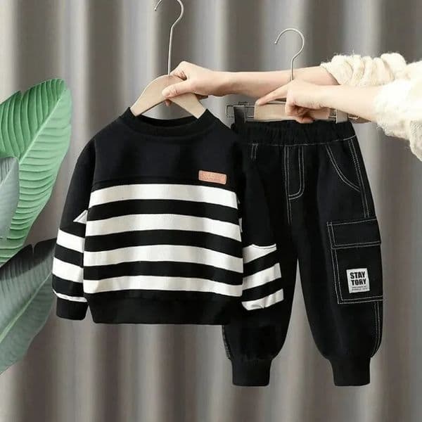 Childrens Set Boys Autumn Casual Set Rascal Handsome Baby Striped Hoodie Pants Two Piece Set 260227
