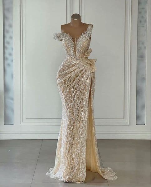 Elegant Champagne Mermaid Prom Dresses V Neck Beaded Appliques Sequins Pearls Floor Length Side Slit Lace Evening Formal Dresses Plus Size Custom Made F13