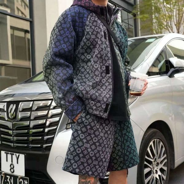 Men's Spring Summer UV Protection Set Neon Gradient Mesh Designer 2 Piece Outfit Breathable Streetwear Jacket & Shorts