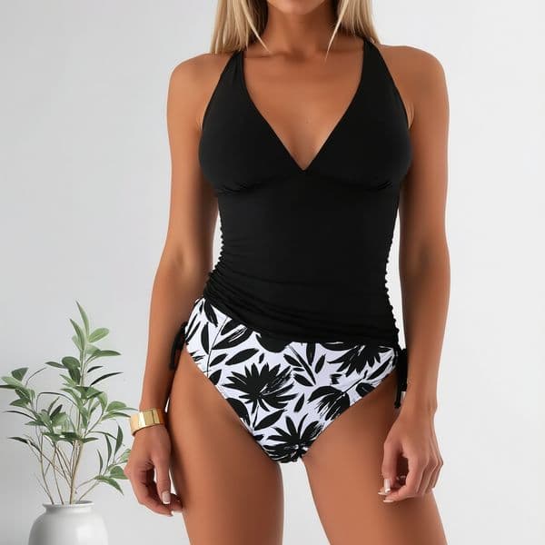 2026 New Women Black Top Leopard Print High Waisted Two Piece Bikini Set Bathing Suit