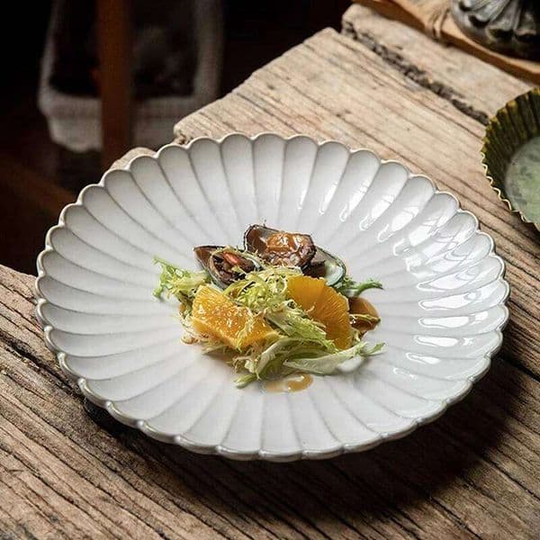 1Pc8Inch/10.5Inch Embossed Stripesd Shell Edge Ceramic Steak Plate Breakfast Salad Light Suitable for Restaurant Western Food Plate, 26H0302