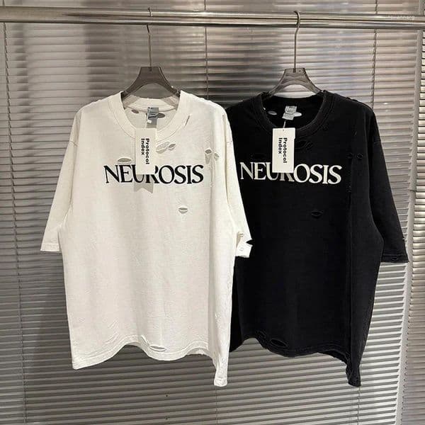 Men's T Shirts 26SS Hip Hop Vintage Washed Black White Damaged Hole Shirt Men Women Casual Letter Slogan Print Protocol Index T-Shirt Tee