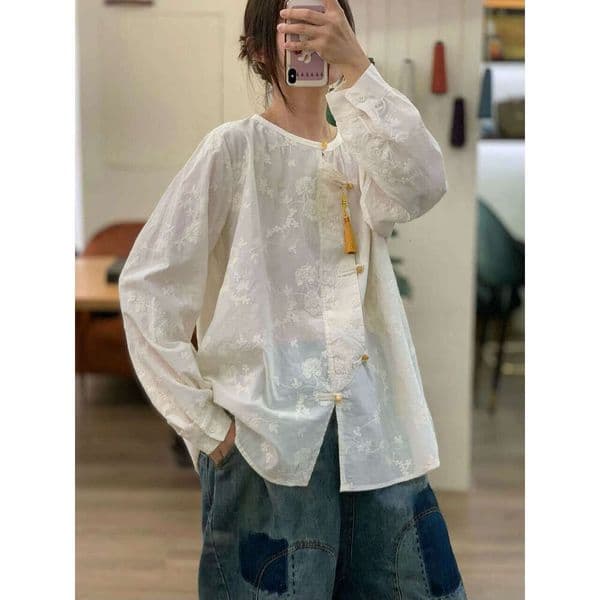 Mardi Hefxessdr Spring New Knot Tassel Embroidered Chiffon Top Women's New Chinese Sle Anti-Aging irt Premium short sleeve versatile