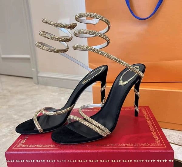 Designer Genuine Leather Derss Shoes Luxury Women Crystal Flower Snake Around Ankle Strap Wedding Shoes Summer Gladiator Shoes High Heels Sandalias