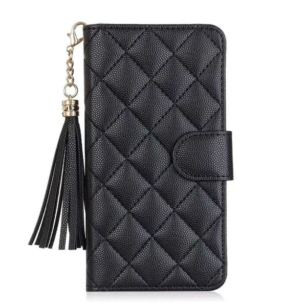 Flip Wallet Designer Phone Case for iPhone 17 16 Luxury Pebbled PU Lambskin Leather Diamond Pattern Tassel Card Holder Magnetic Closure Back Cover Coque