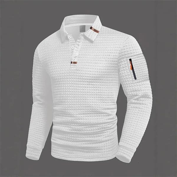 Mens longsleeved polo shirt available in 5 colors suitable for spring and autumn White collar button n zipper detail 260302