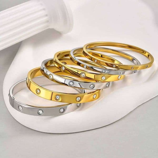 Luxury Cubic Zircon Stainless Steel Bracelet for Women, Gold Plated Waterproof Openable Bangle, High Quality Charm Jewelry Gift XJ260302