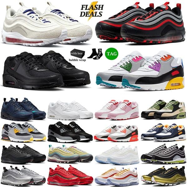 Designer Shoes 90s 90 Running Shoes For Mens Womens 97s 97 Trainers Triple Black White Metallic Silver Orange Bright Citron Sports shoes Outdoor Sneakers Size 36-45