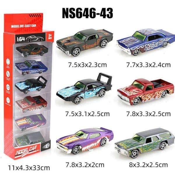 Boxed 1/64 Flame Pattern Theme/Retro Car Diecast Toy Set, 6 pieces, die-cast metal, boy's toy, sliding model, no pullback. 26Y0302