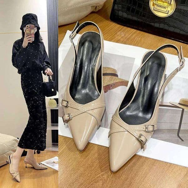 2025 New Summer French Wine Red Pointed Patent Leather Mid-heel Overhead Sandals for Women Retro Skinny Heel Back Empty Shoes