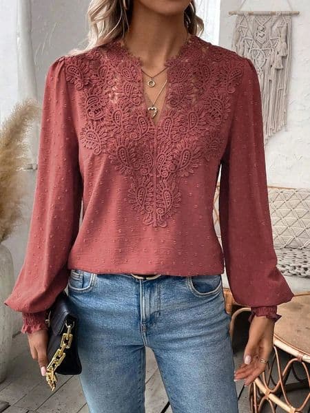 Womens Long Sleeve Sweaters Fall Trendy Sexy Lace V Neck Puff Pullover Sweater Cute Tops 260302BJ