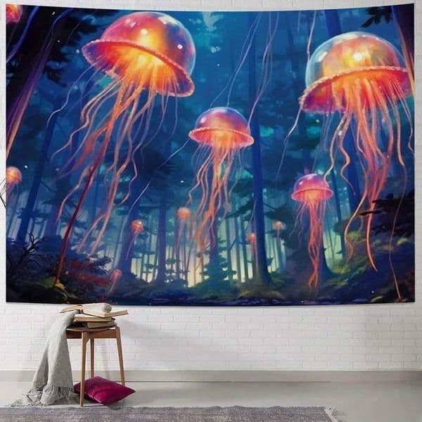 1pc Trippy Fantasy Jellyfish Tapestry - Glowing Bioluminescent Forest Wall Hanging with Starry Sky Jungle Plants Horizontal S260228