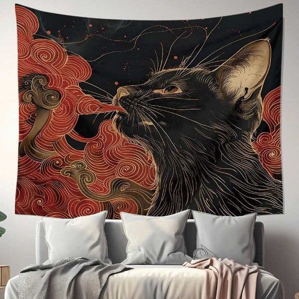 VIKAMA Black Cat with Gold Line Art Tapestry Japanese Cloud Pattern Wall Hanging for Bedroom Living Room Decoration Tapestry S260228